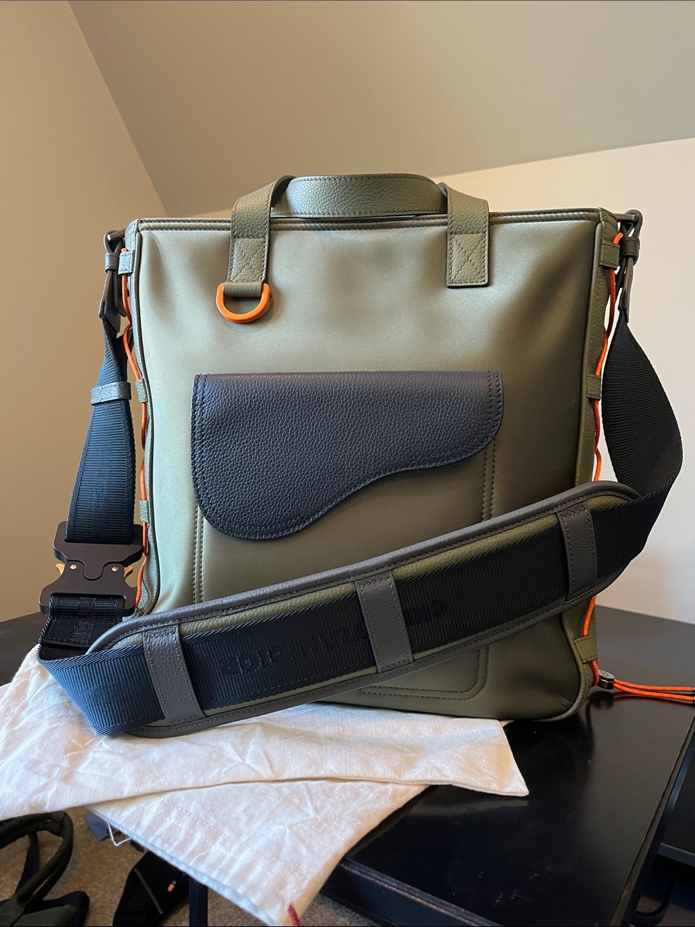 Men's Olive Green Messenger Bag with Navy Accent and Orange Trim